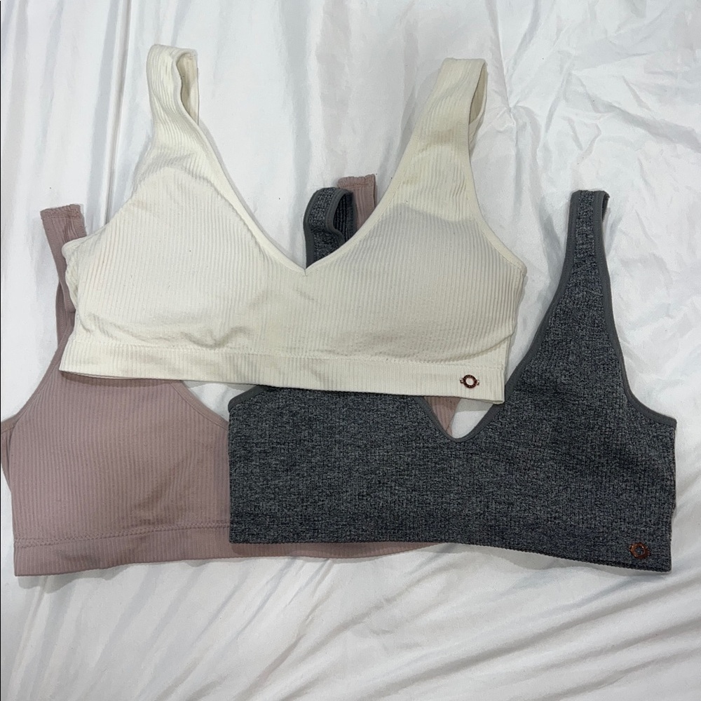 Set of Three Ribbed Bralettes in Cream, Gray, and Pink